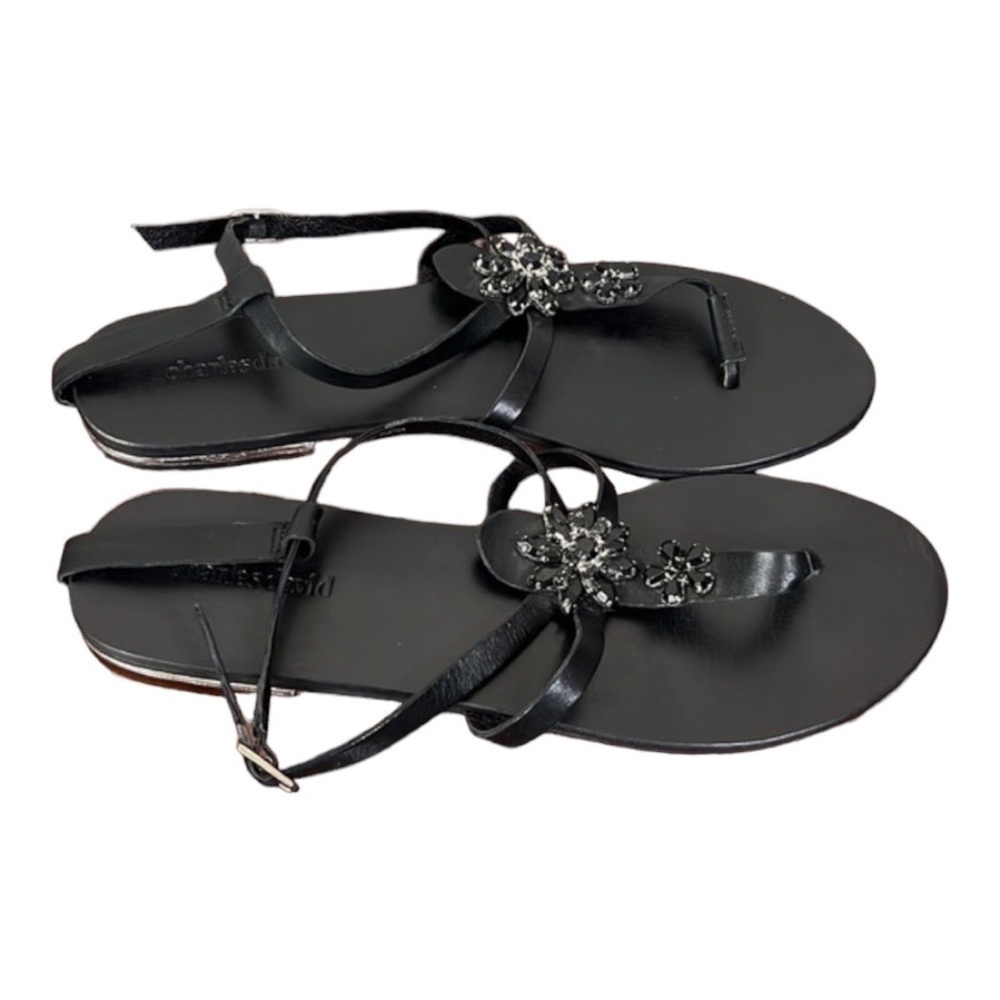 Charles David Black Embellished Jeweled Ankle Strap Flat Sandal Size 8 - Picture 2 of 11